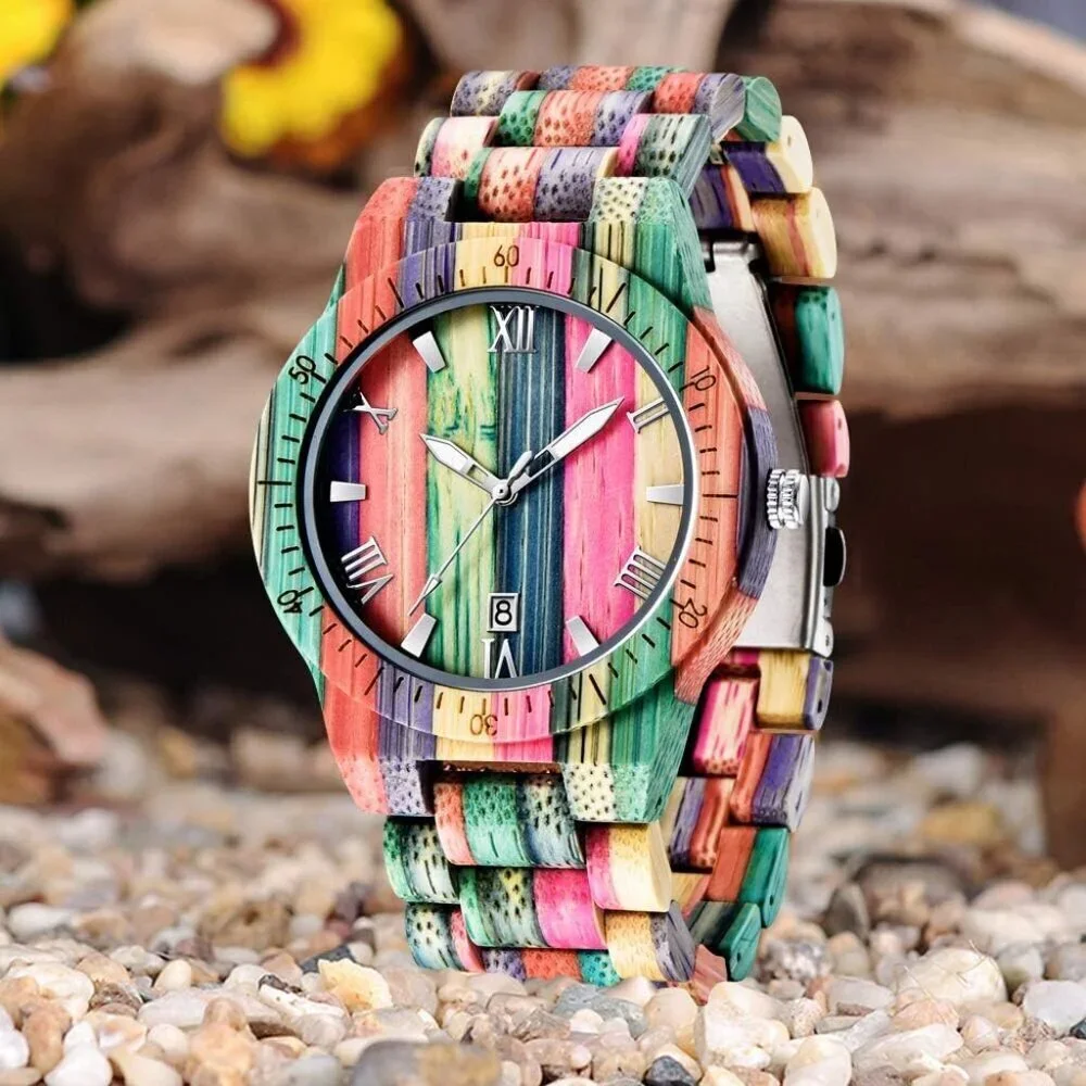 Men's Q1057 Handmade Colorful Bamboo Engraved Analog Quartz Wooden Watch